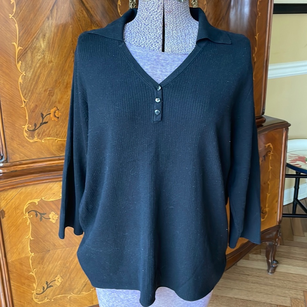 Silk blend black collared Henley 2X sweater by Sandra King
